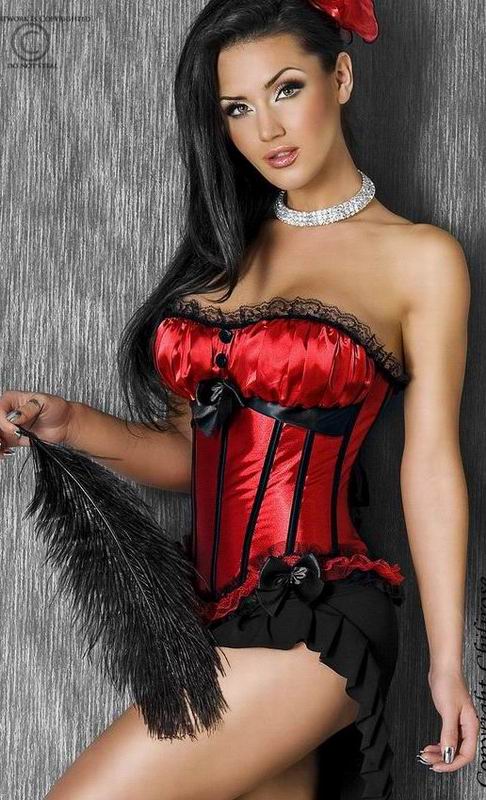 Red Satin Black Vertical Stripes Corset